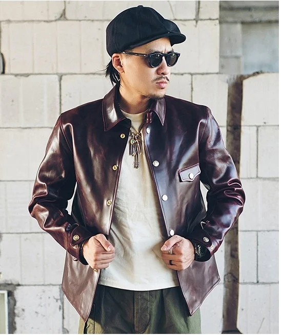 

YR!Free shipping.Luxury level 1.1MM CXL tea core cowhide jacket,classic brake man genuine leather outwear.vintage quality coat