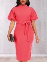 bodycon dress women lantern short sleeves with belt modest ladies package hip office lady elegant classy fashion dresses 2022