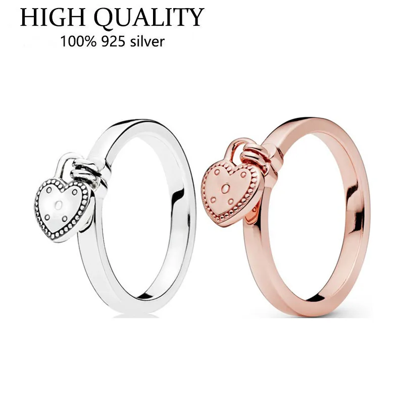 

Authentic 925 Sterling Silver Rose Gold Heart-shaped Padlock Ring Is Suitable For Women's Engagement Jewelry Anniversary