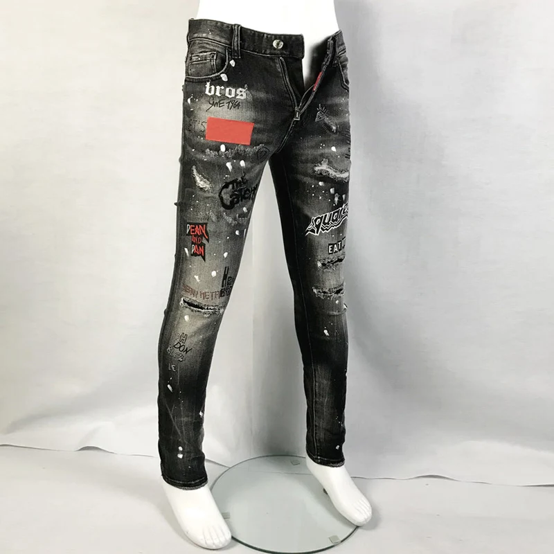 Street Fashion Men Jeans Retro Black Gray Elastic Stretch Slim Fit Ripped Jeans Men Printed Designer Hip Hop Brand Pants Hombre