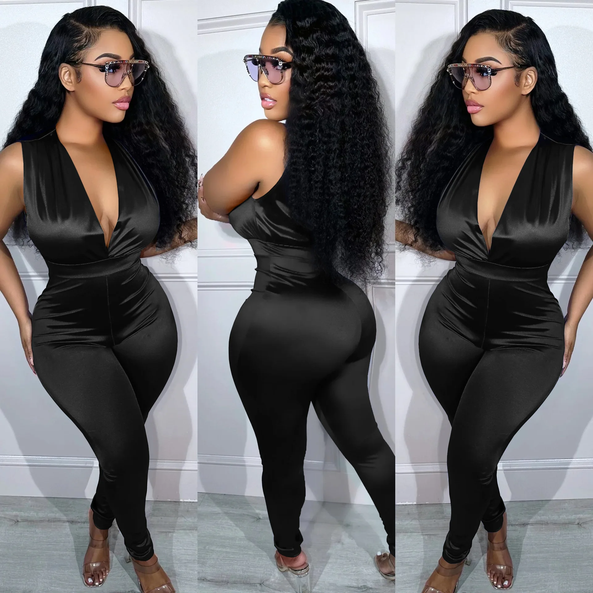Sexy Deep V Neck Satin Jumpsuit for Women Summer 2023 Elegant Sleeveless Ruched Pants Skinny Club Body Romper Overalls One-piece