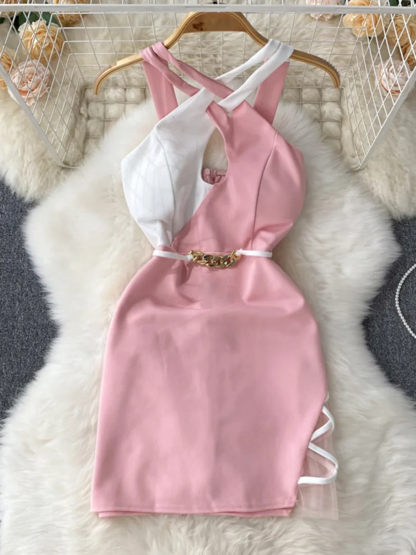 

Соблазнительное облегающее мини-платье, женское элегантное цветное платье на бретелях-спагетти, без рукавов, с открытой спиной, приталенве...