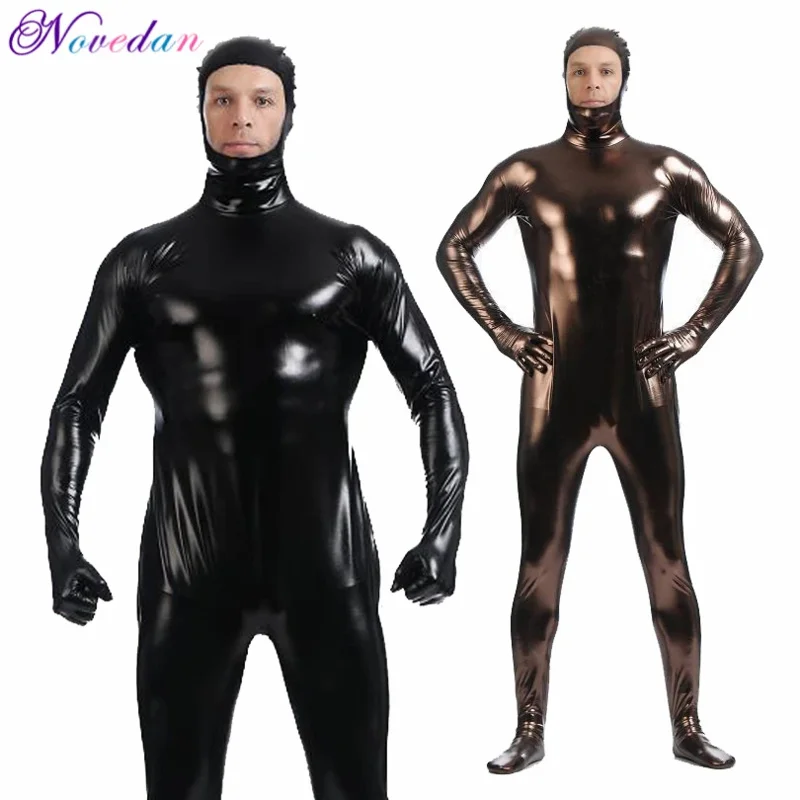 Mężczyźni Metallic Wetlook Latex Open Face One Piece Bodysuit Zentai Suit Shinny Faux Leather Catsuit Fetish Cosplay Costume Club Wear