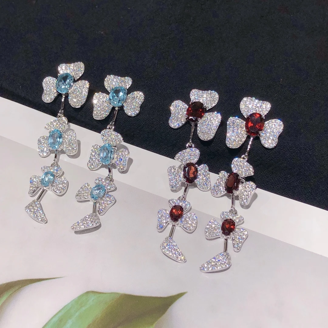

Vintage Topaz, Garnet Flower Dangle Earrings Women Flower Long 925 Sterling Silver Earrings Wedding Party Aesthetic Jewelry