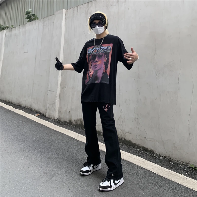 Women's Mens Y2k Heartbreak Embroidery White Traf Wide Leg Pants Streetwear Highstreet Design Baggy Jeans Straight Trousers Man