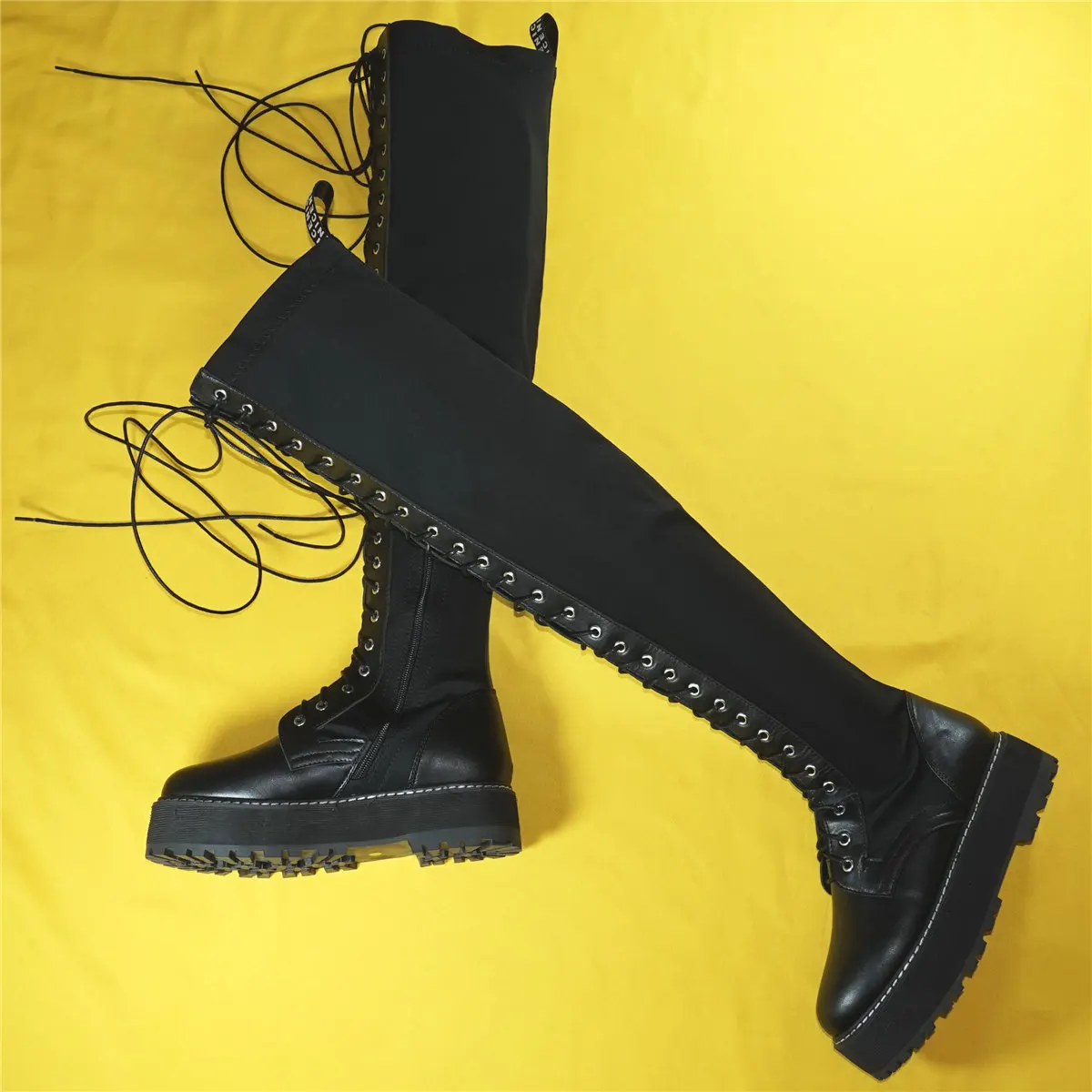 Black Fashion Sneakers Women Lace Up Stretch Fabric Over The Knee Thigh High Boots Female Round Toe Platform Pumps Casual Shoes