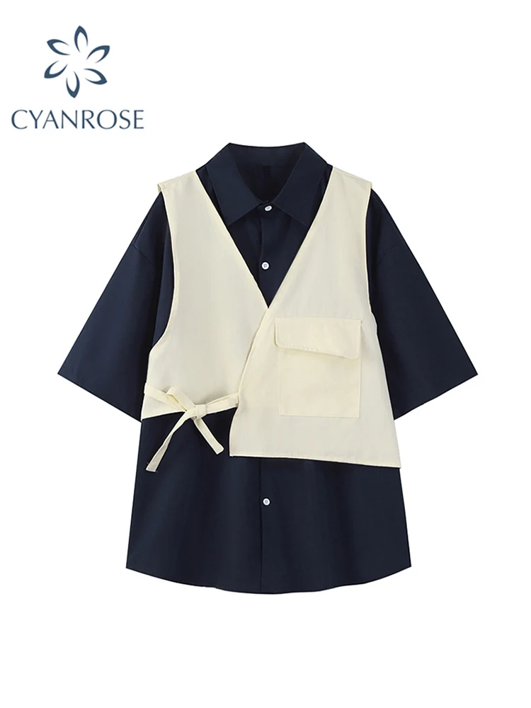 

Vintage Short Sleeve Female Clothing Casual Shirt 90s BF Style Harajuku Streetwear Y2K Hip Hop Women's Shirt Fake Two Pieces Top