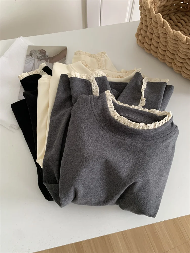 Кружевная бархатная базовая рубашка с длинными рукавами для женщин утолщенной