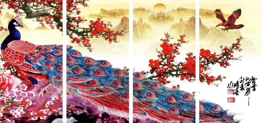 

MT0094 Chinese Style Peacock Opening Screen Flowers Bird Print Art Canvas Poster For Living Room Decor Home Wall Picture