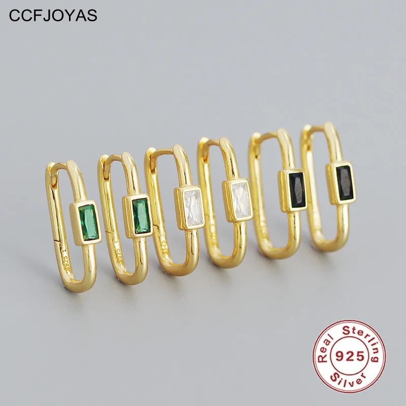 

CCFJOYAS 925 Sterling Silver Black/white/green Zircon Geometric U-shaped Earrings for Women European and American Punk Hoops