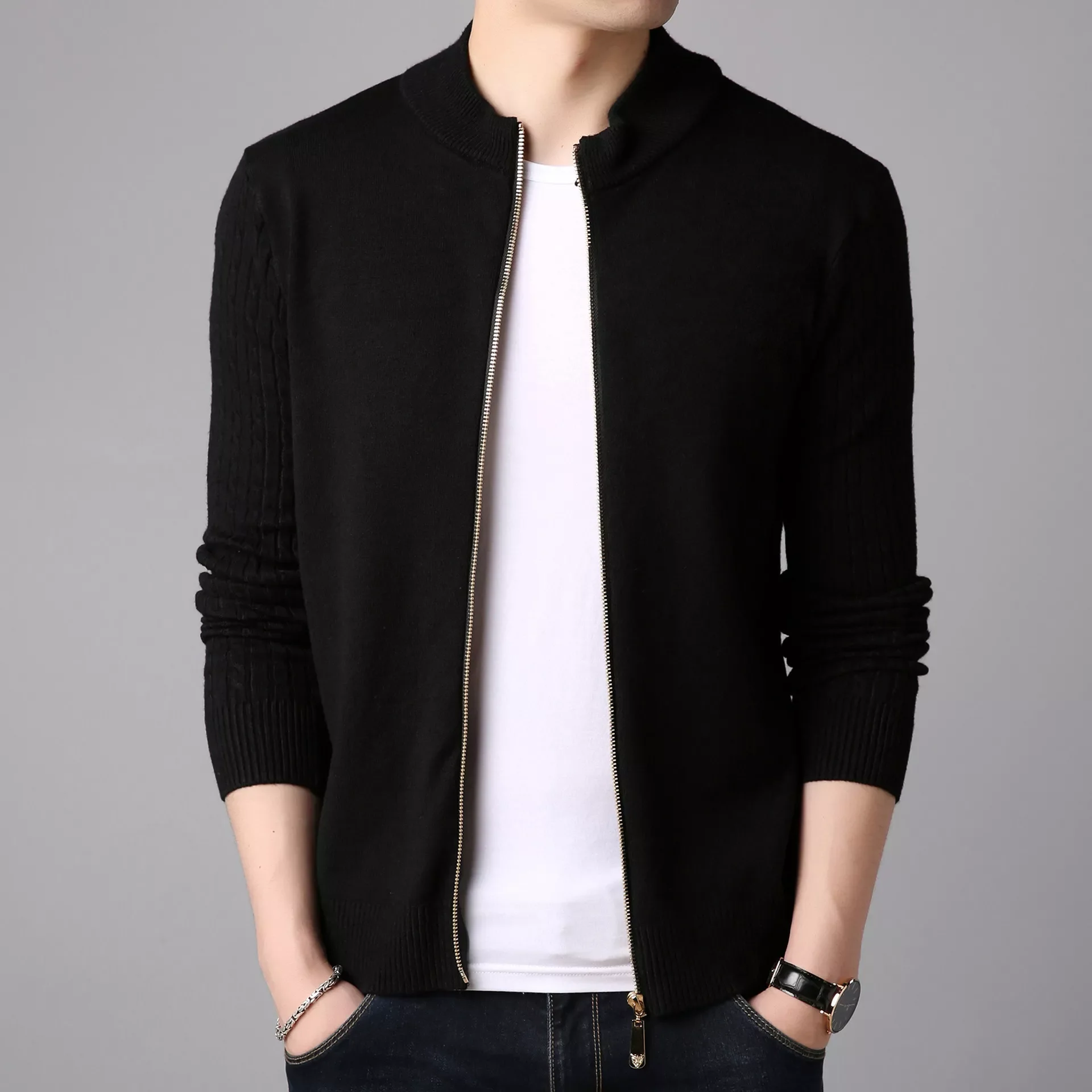 

NEW IN Cardigan Men's Sweaters Jackets Coats Men Knitted Thick Zipper Casual Knitwear Cardigan Coat Solid Stand Collar Sweat