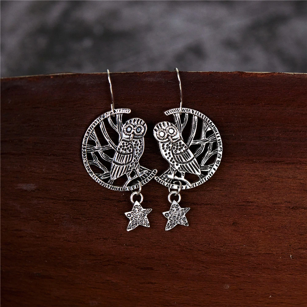 

Personalized Design Pentagram Owl Dangle Earrings For Women Vintage Metal Silver Color Animal Earrings Jewelry