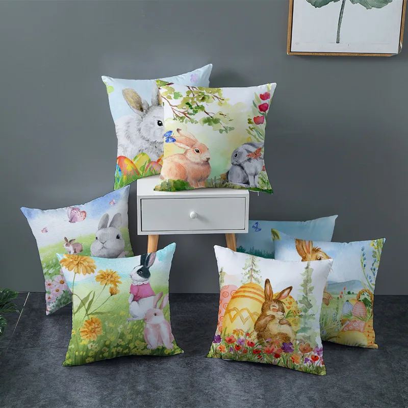 

45x45cm Easter Rabbit Egg Flax Cartoon Printing Car Room Bedside Throw Pillow Couch Cushion Cover Decorative Holiday Home Decor