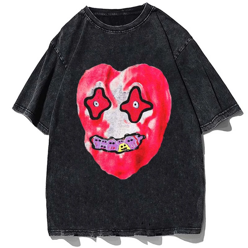 

2023 Men Hip Hop Washed T-Shirt Streetwear Funny Heart Print T Shirt Harajuku Short Sleeve Tops 100% Cotton Casual Tshirt