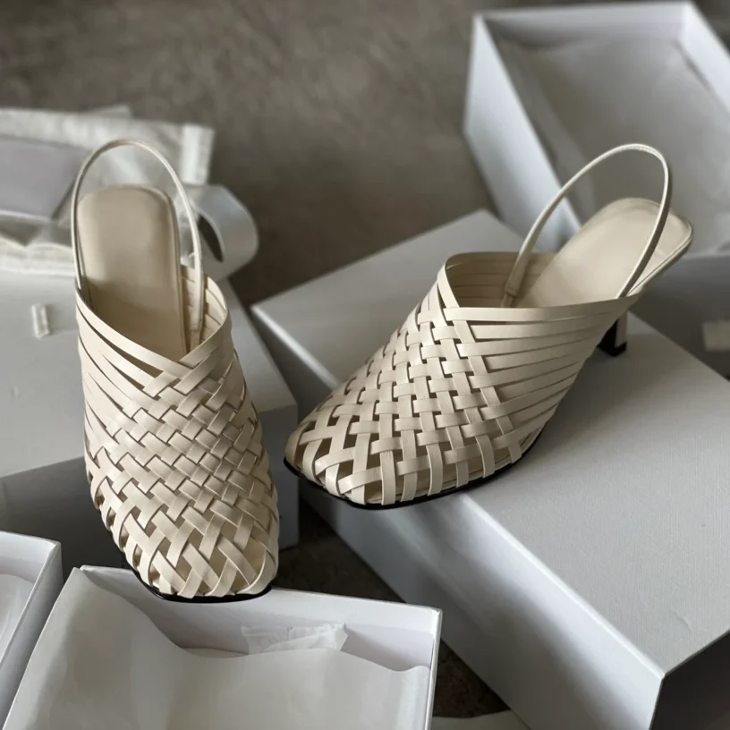 

Туфли женские из натуральной кожи, повседневные плетеные шлепанцы, без задника, с открытым носком, на высоком каблуке