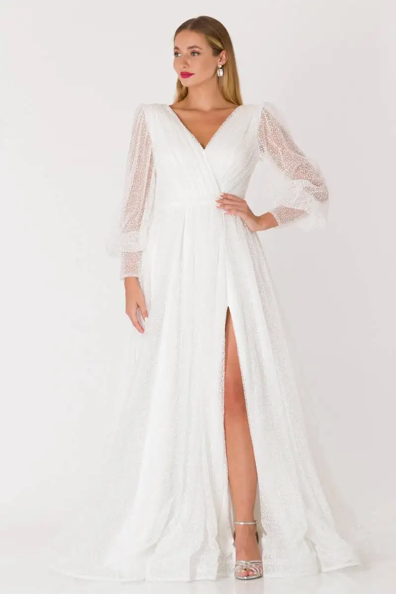 

Double breasted Collar Tulle Evening Dress Ecru