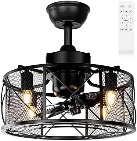 

Caged with Light & Remote Control, 18" small Farmhouse Flush Mount Fandelier, Reversible Motor/6-Speed/3 Timer/360°, E