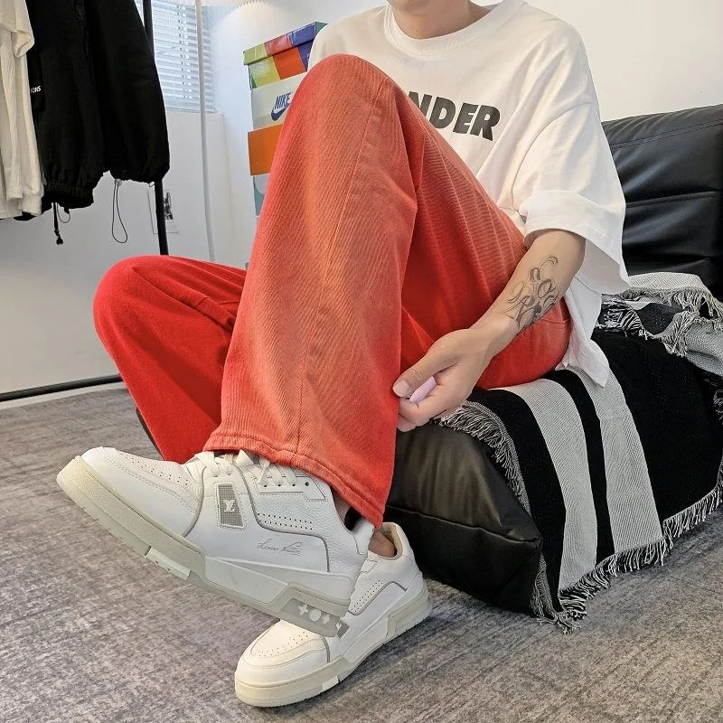 Summer Red Jeans Men Fashion Casual Straight Jeans Men Harajuku Streetwear Hip Hop Loose Denim Pants Mens Trousers S-3XL