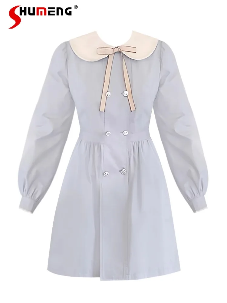 

Милое японское платье в стиле преппи, молочно-голубого цвета, новинка 2023, осеннее платье средней длины с воротником, двубортное женское платье