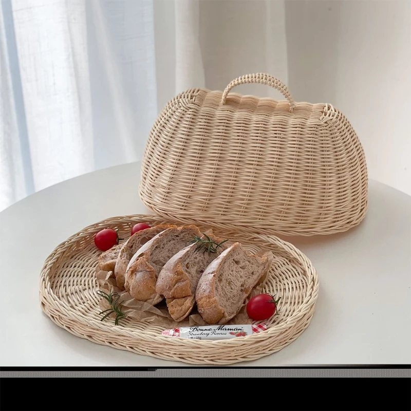 

Rattan Handwoven Basket Bread Food Fruit Vegetables Serving Baskets with Dust Proof Cover Pantry Organizer Kitchen Accessories