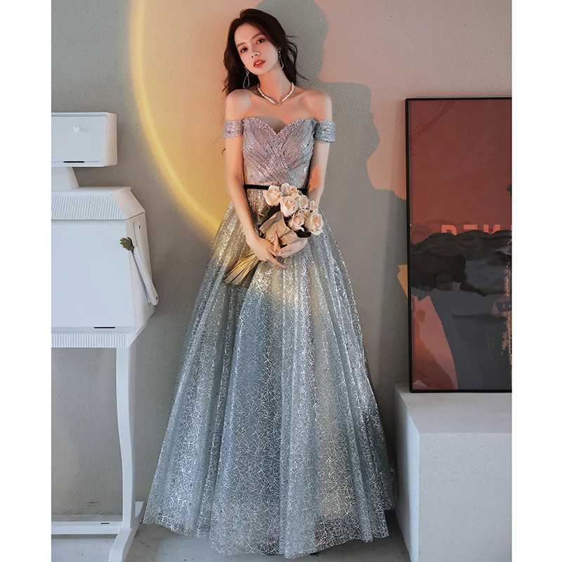 

Elegant Off The Shoulder Shiny Glitter Gray Long Women Formal Evening Dresses 2022 Floor-Length Pleated Beaded Lace Prom Gowns