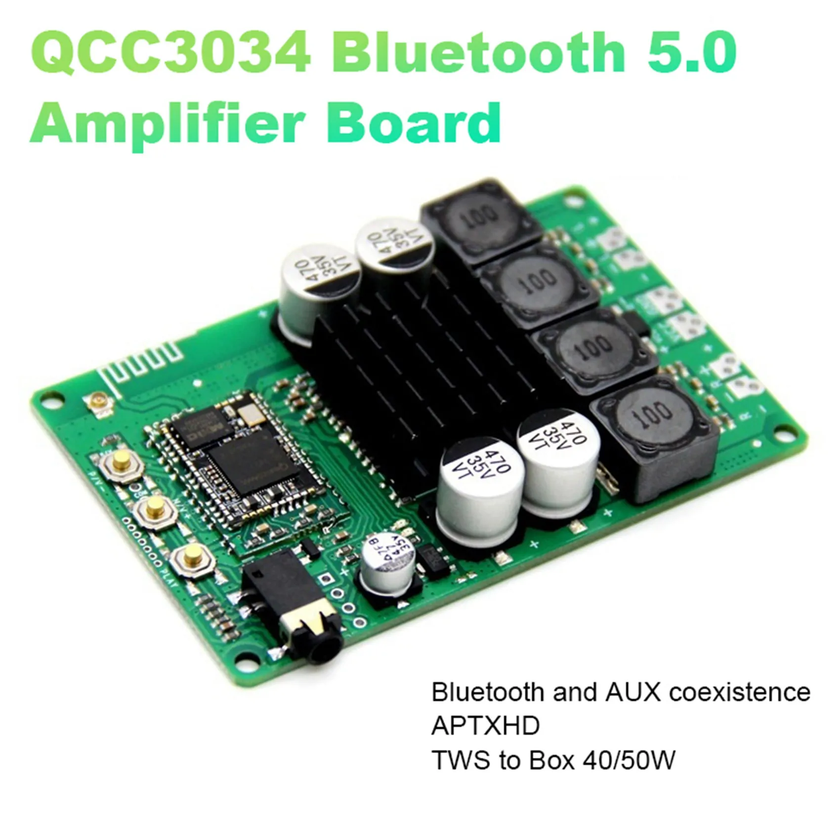 

QCC3034 Bluetooth 5.0 Amplifier Board Low Power TWS Audio Input APTXHD Amplifier 2X40W/50W with AUX