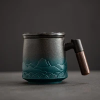 luxury ceramic strainer tea cup with lid large office tea coffee water mug japanese vintage original mugs wood handle gift