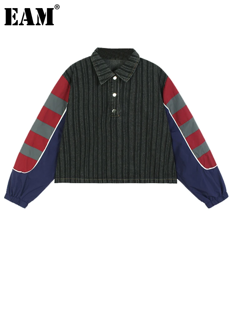 

[EAM] Свободная серая джинсовая куртка в полоску, большой размер, новая женская куртка с отворотом и длинным рукавом, модная весенне-осенняя 2023 1DH2602