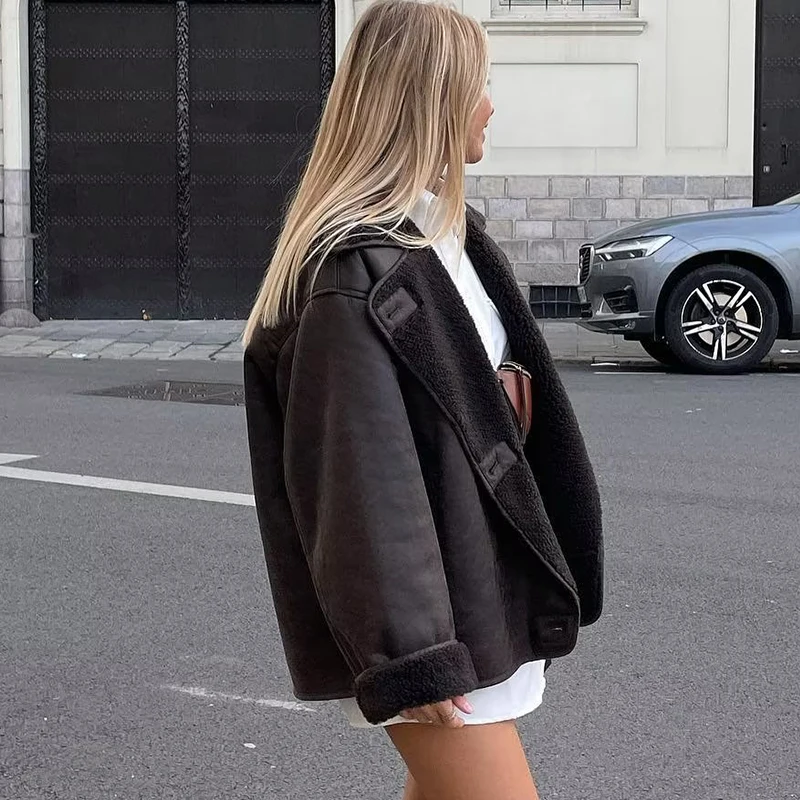 Fashion Large Lapel Single Breasted Splice Lambswool  Manteau Femme Hiver Casual Wool Blends Coat Women Vintage New In Outwears