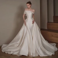 luxury white satin wedding dresses boat neck princess mermaid bow long trailing off shoulder backless wedding simple bridal gown