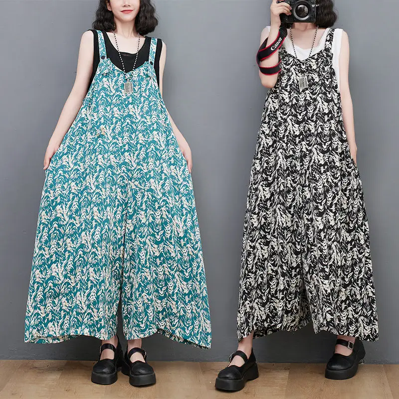 

Women's Summer Overalls Suspenders All-Match Wide-Leg Pants Loose Thin Jumpsuit Korean Commuter Large Size Strap Trousers h2011