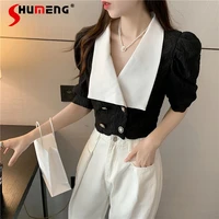 2022 summer new elegant double breasted lace short shirt office lady loose polo collar short puff sleeve versatile business top