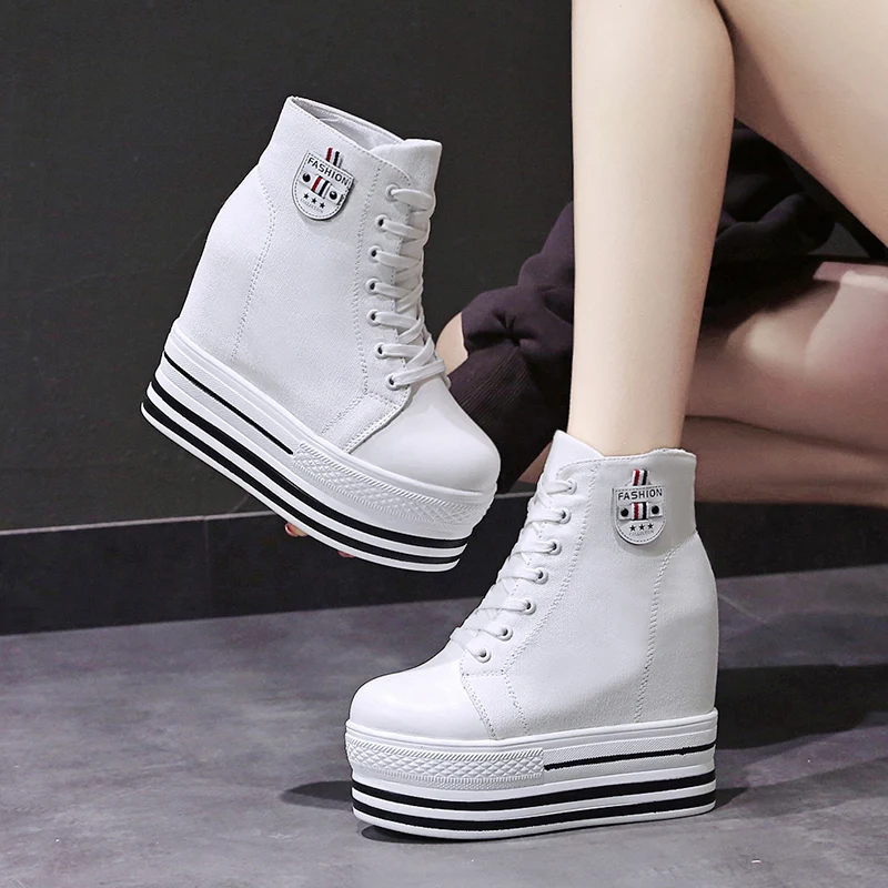 

2022 New 12CM Heels Wedge Canvas Shoes Woman High Platform Sneakers Vulcanized Shoes Hidden Heel Height Increasing Casual Shoes