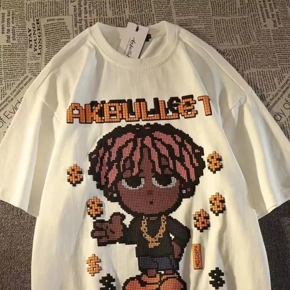 

American Dark Hip Hop Boy Cartoon T Shirts Fun Pixel Painting Graphic Tee Unisex Summer Short Sleeve Tops Cotton Comfort Clothes