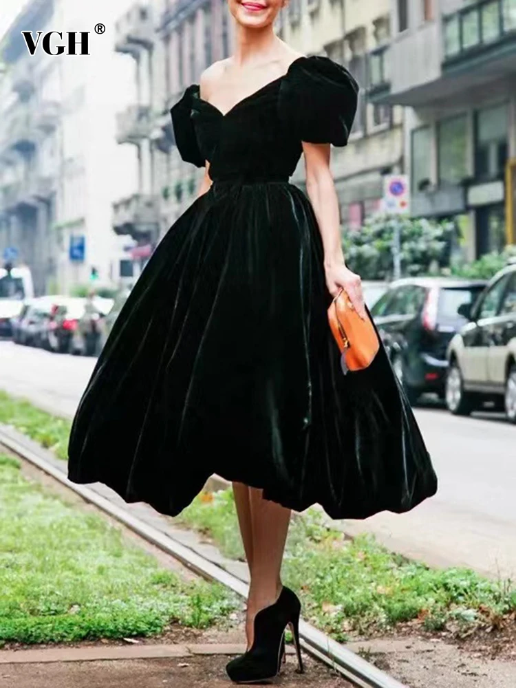 

VGH Slim Black Vintage Midi Dress For Women V Neck Puff Sleeve High Waist Solid Minimalist Ruched Long Dresses Female Clothing