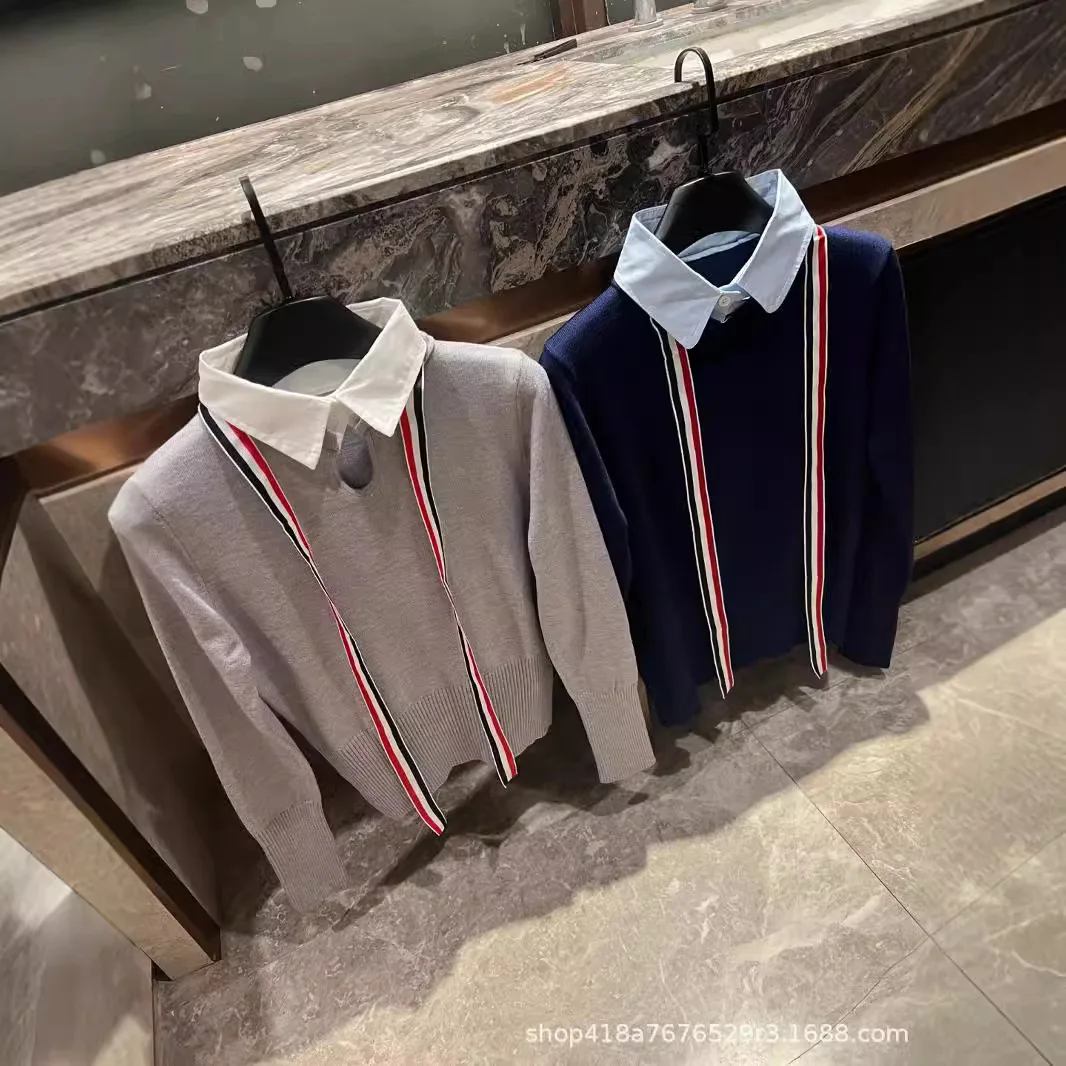 Осень 2024. Новинка! Женский двухсекционный вязаный свитер TB Fake с галстуком для