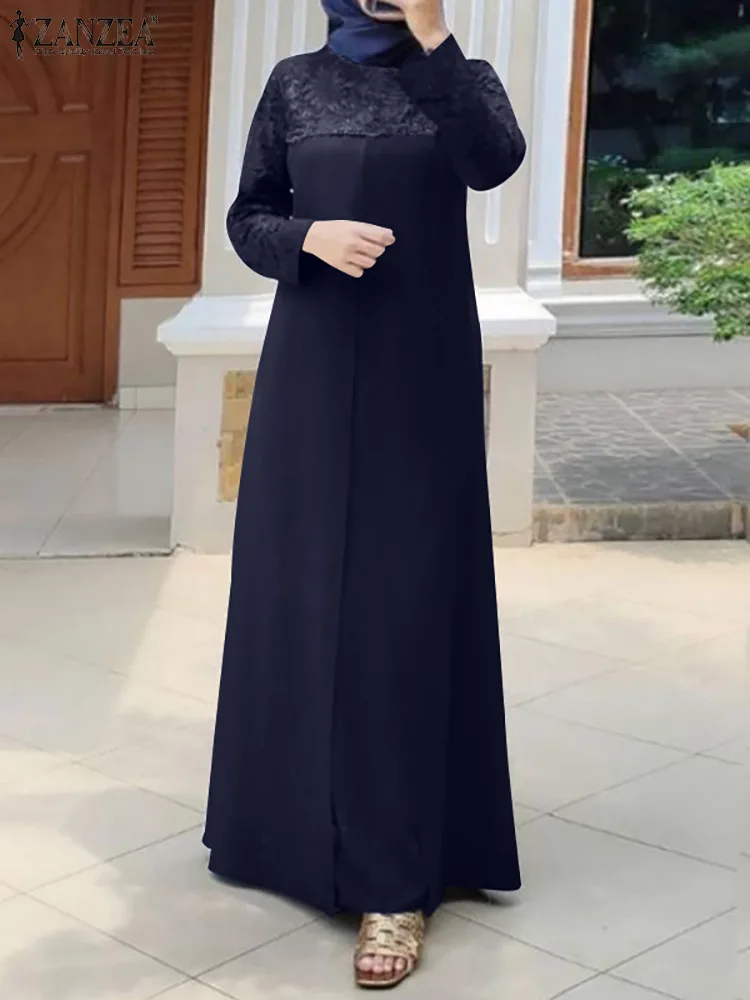 ZANZEA Elegant Casual Holiday Loose Long Robe Women Summer Muslim Dress Full Sleeve Lace up O-Neck Solid Abayas Turkey Sundress