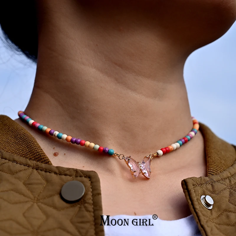 

Cute Butterfly Choker 4mm Colorful Stone Necklace for Women Fashion New Summer Friendship Jewelry MOON GIRL Design