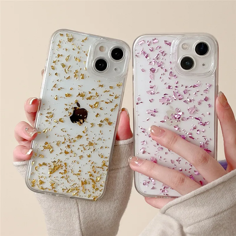 

Ottwn Phone Case For iPhone 14 13 12 11 Pro Max 7 8 Plus X XR XS Max 12 SE20 Luxury Bling Gold Foil Glitter Clear Soft TPU Cover