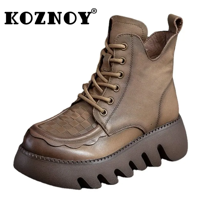 

Koznoy 6cm Genuine Leather Rotro Ethnic ZIP Platform Wedge Spring Autumn British Ankle Motorcycle Boots Woman Super Thick Shoes