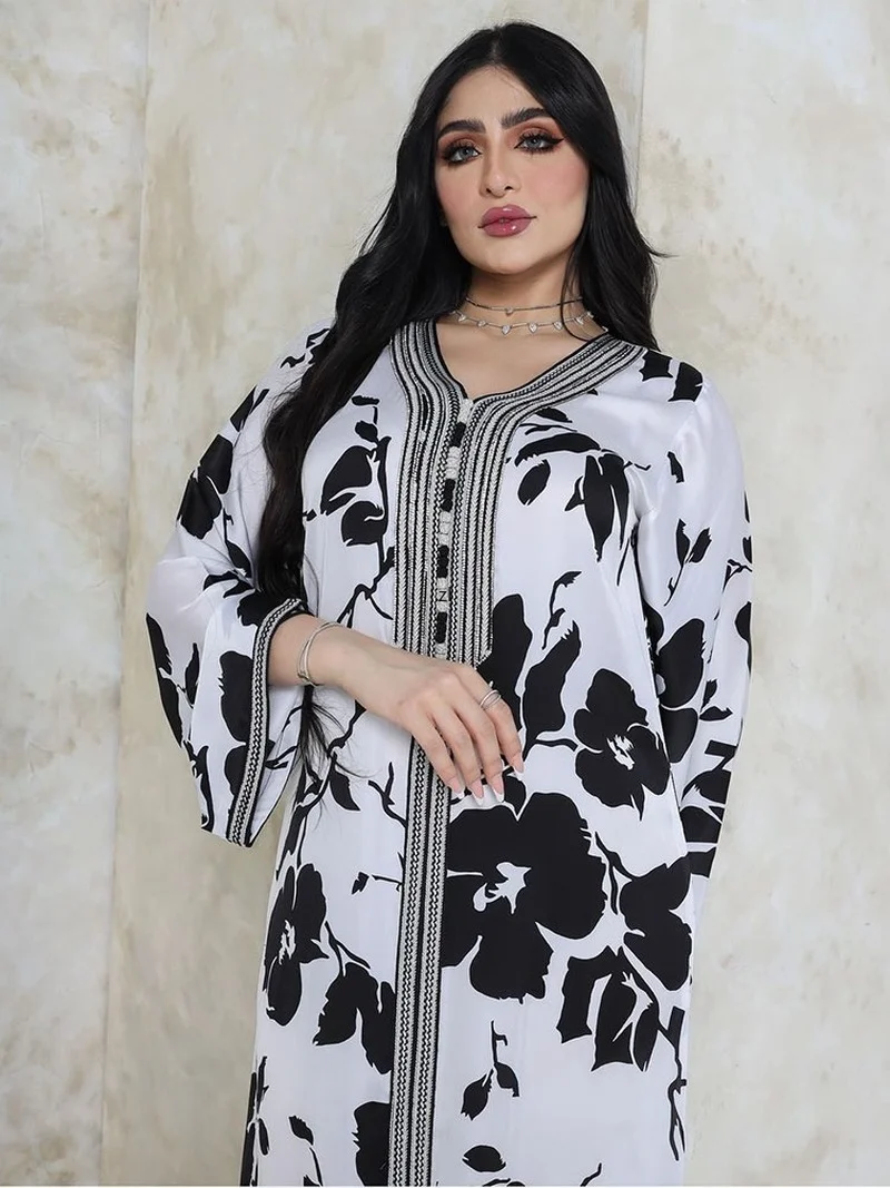 Printed Dress Moroccan Floral Kaftan Women Arabic Long Dresses Gulf Saudi Jalabiya Islam Dubai Muslim Loose Abaya White Black