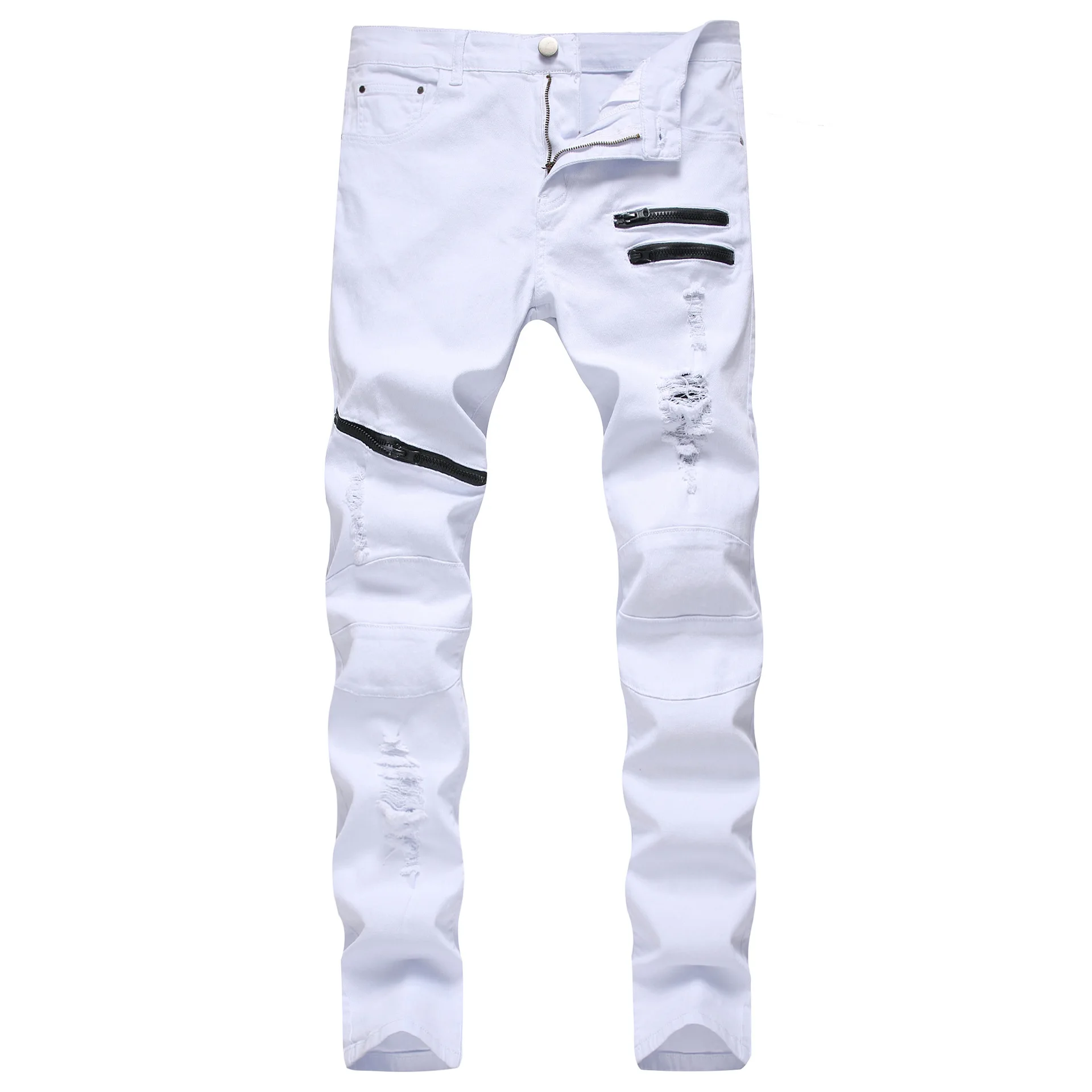 

2021 Autumn New Mens Hole Denim Trousers Fashion Ripped White Jeans Hip Hop Vintage Skinny Jeans Man Zip Up Casual Jean Homme 바지