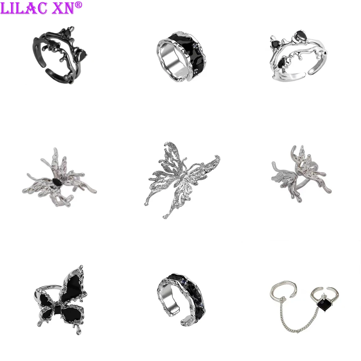 

Y2K Gothic Silver Color Butterfly Rings for Women Men Vintage Aesthetic Black Crystal Open Ring Grunge Punk Fashion Jewelry Gift