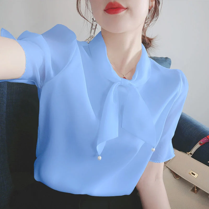 

Chiffon Blusas Tunic Top Women Summer Chiffon Blouses Shirts Lady Casual Bow Tie Collar Short Puff Sleeve