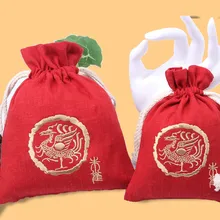 2pcs Large China Dragon Tiger Ethnic Gift Bags Embroidery Cotton Linen Drawstring Pouches Jewelry Packaging with lined