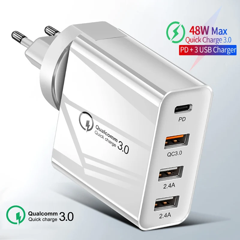 

48W 4 Port Quick Charger PD Type C USB Charger For iPhone 12 11 Samsung Tablet QC 3.0 Fast Wall Charger EU UK US AU Plug Adapter