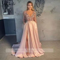 2022 glitter sequins pink prom dresses 2022 sexy a line v neck slit satin long sleeves evening party gowns robes de bal