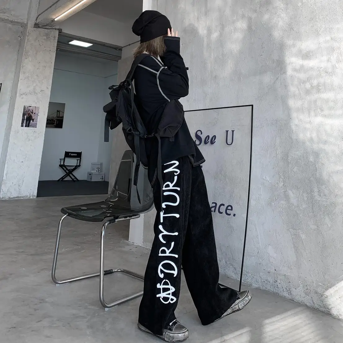 

Women's side trousers street hip hop retro corduroy letter printing loose and thin casual trousers
