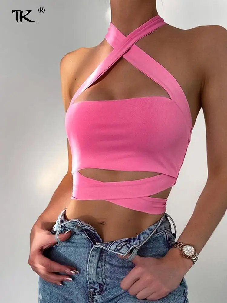 Ажурный сексуальный женский топ на бретельках облегающий розовый жилет с