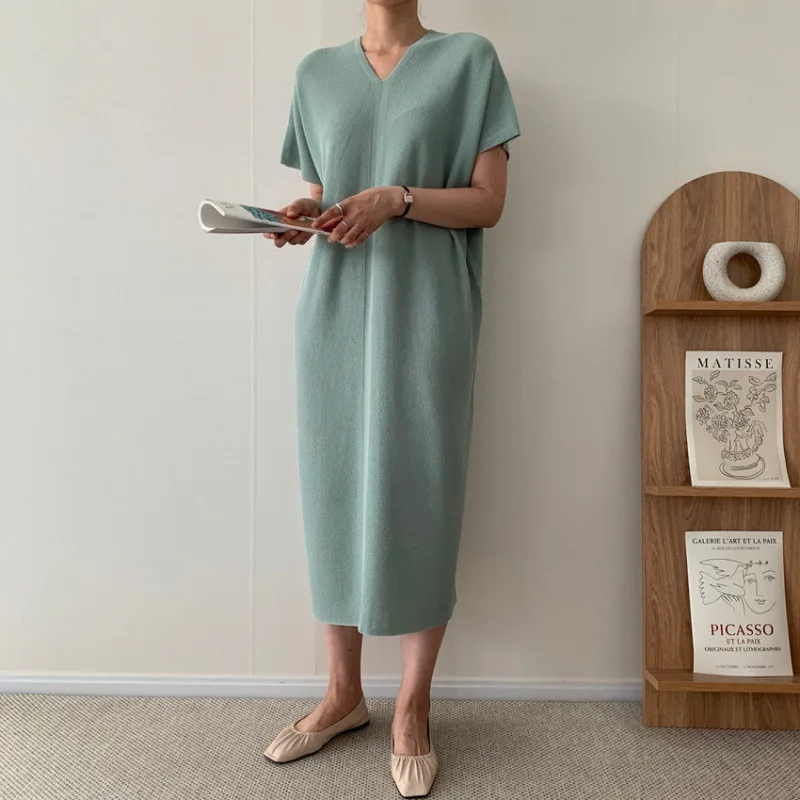 

Elegant Knitted Short Sleeve Beach Dresses Maxi Dress Women Summer Streetwear Loose Dress Solid Stretch Lady Dresses Vestidos